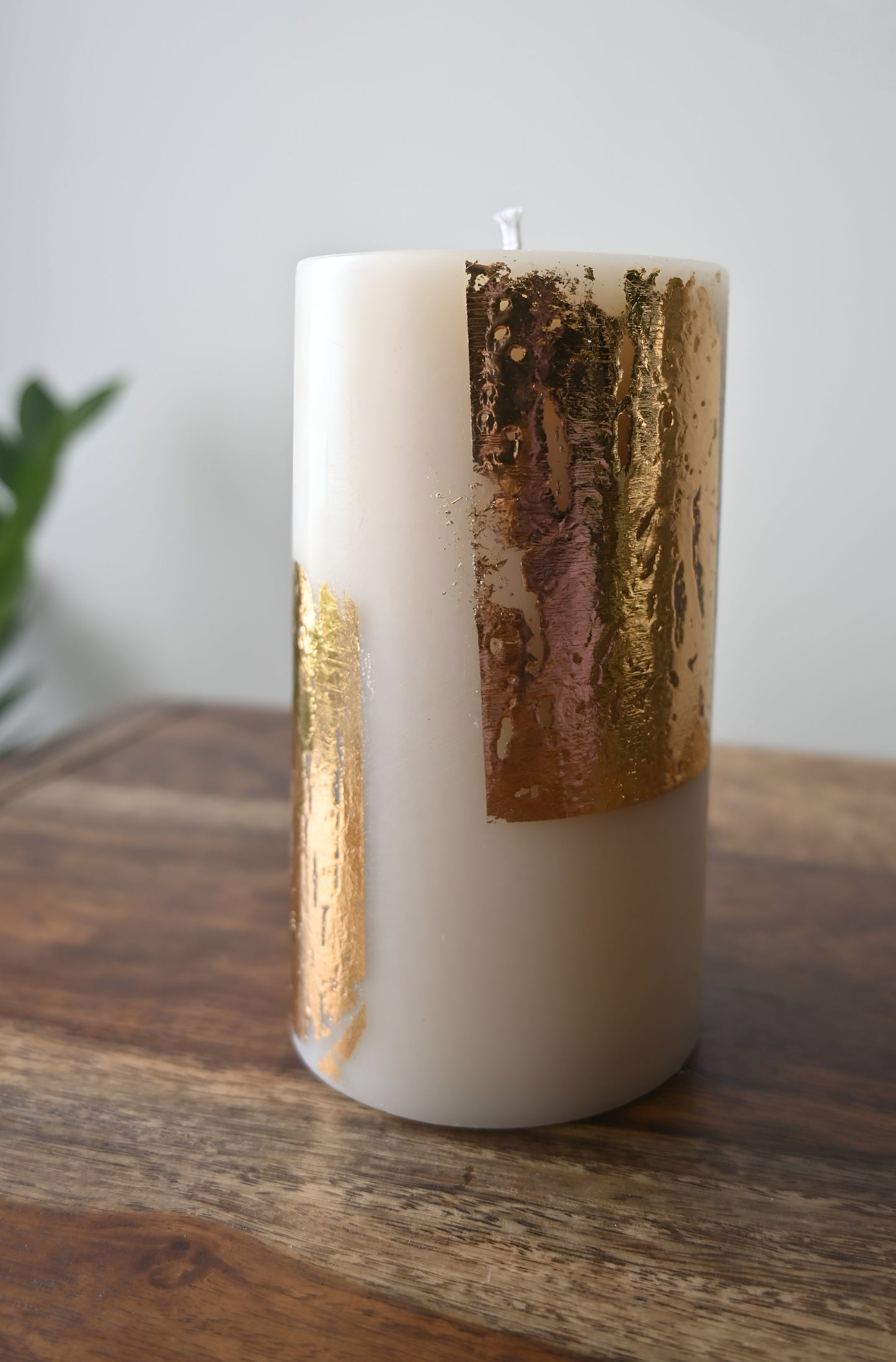 Gold Foil Pillar Candle & Glass Holder Combo