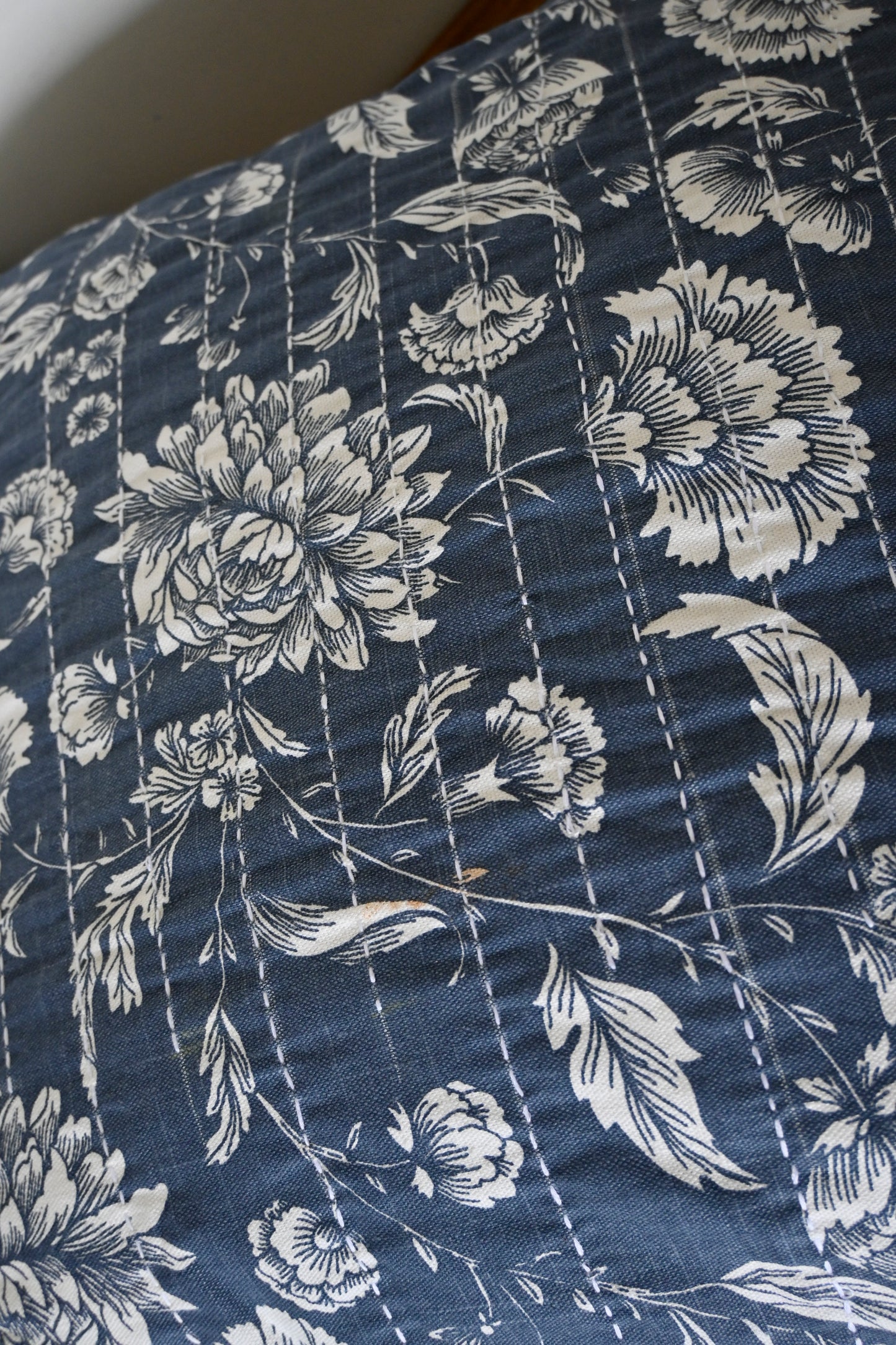 Blue Floral Cushion Cover – Hand Kantha Embroidery, 20x20 inch