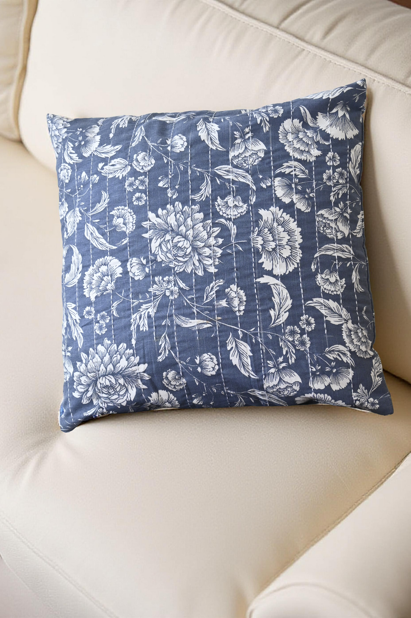 Blue Floral Cushion Cover – Hand Kantha Embroidery, 20x20 inch