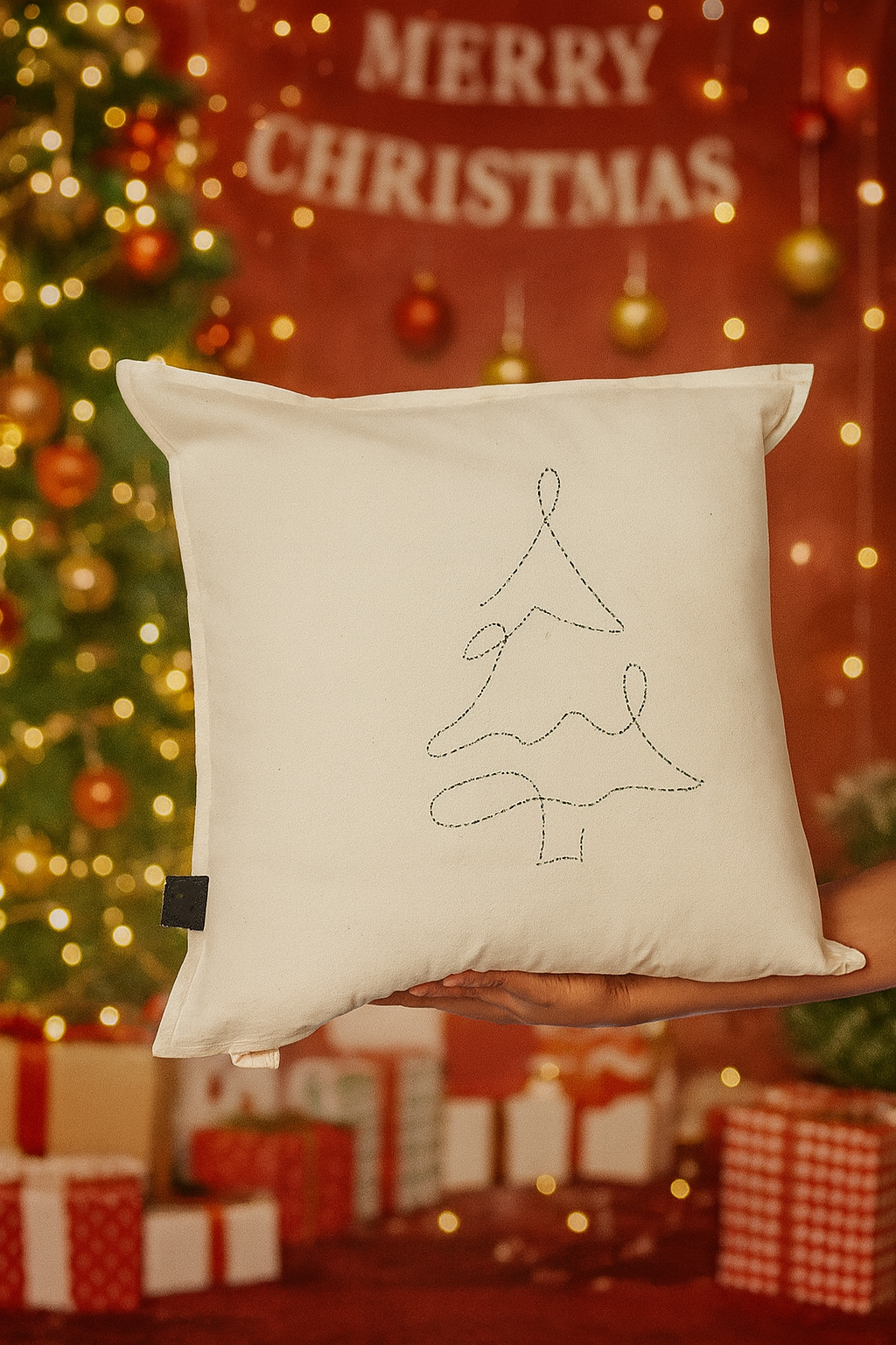 Minimal Christmas Tree Cushion – Winter White Edition
