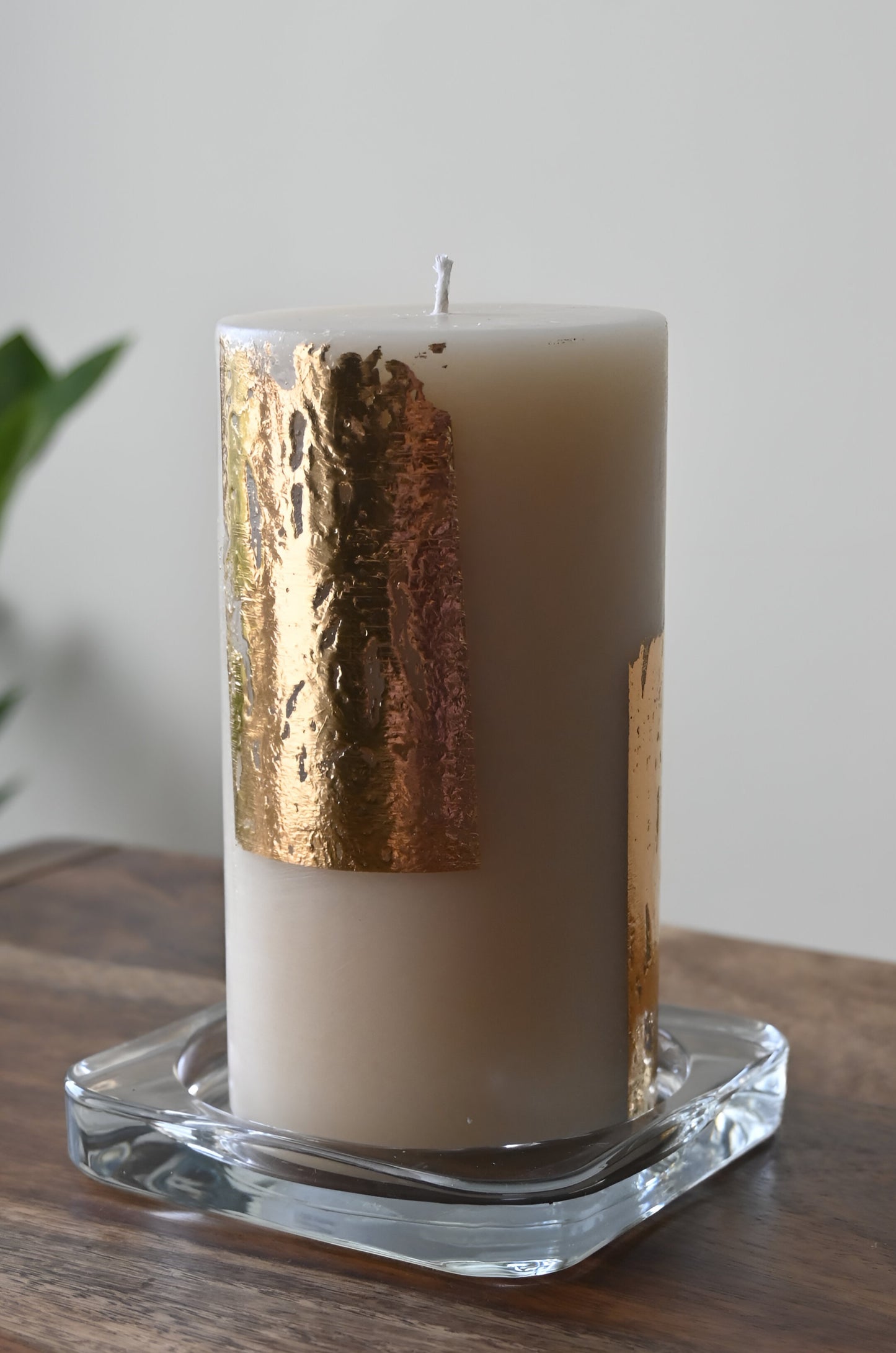 Gold Foil Pillar Candle & Glass Holder Combo