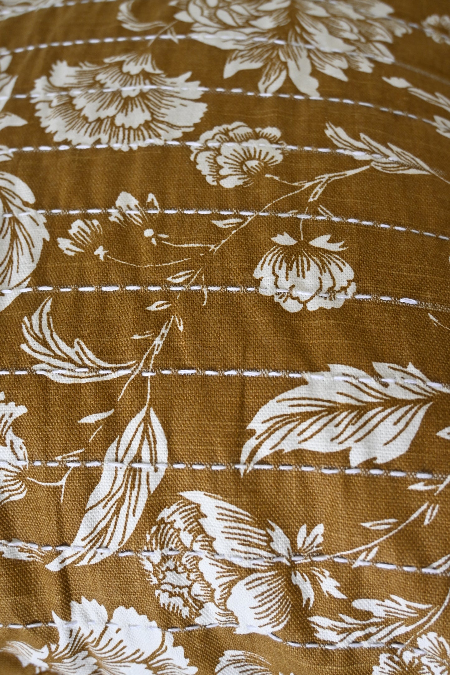Yellow-Brown Floral Cushion Cover – Hand Kantha Embroidery, 20x20 inch