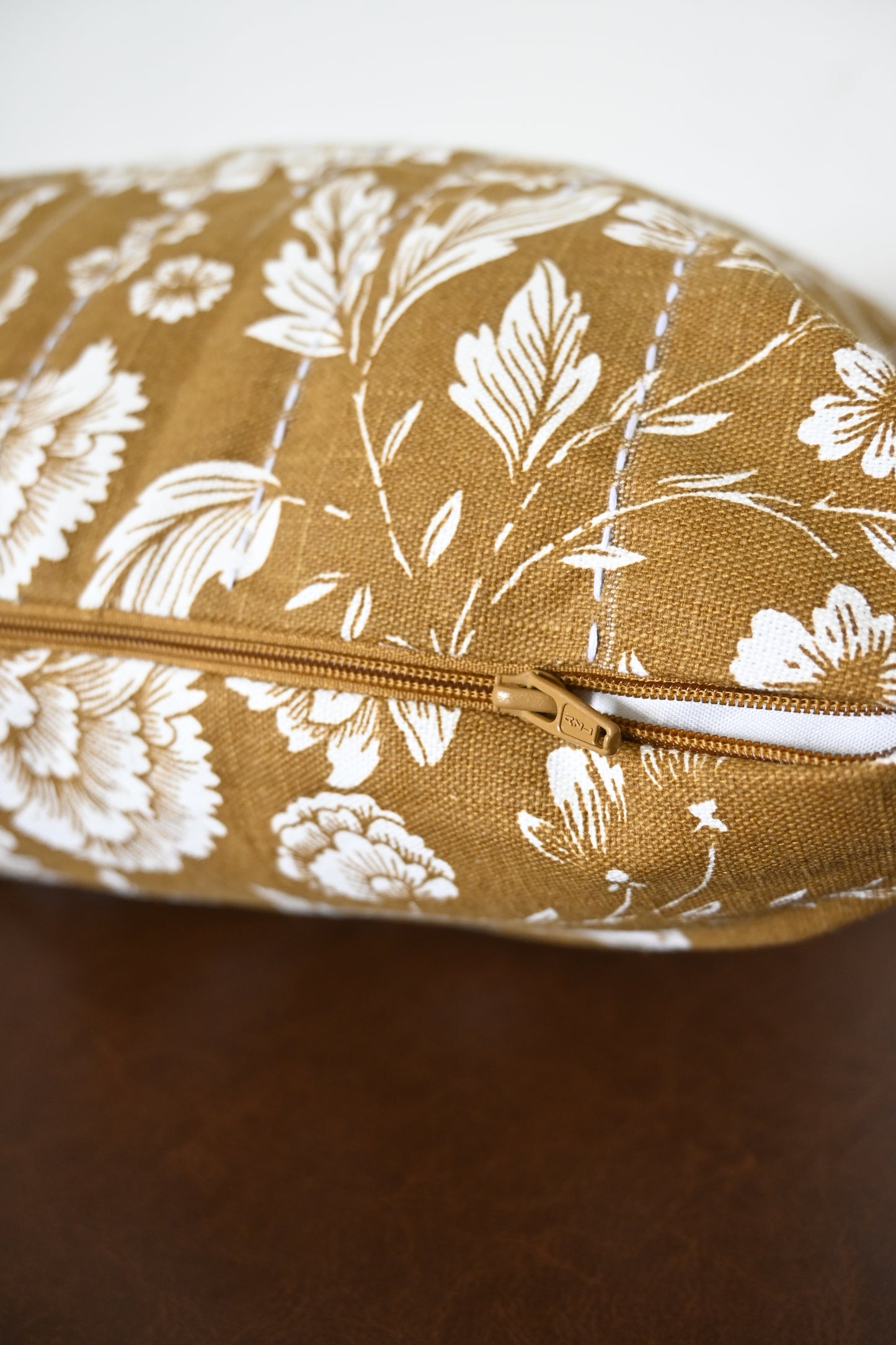 Yellow-Brown Floral Cushion Cover – Hand Kantha Embroidery, 20x20 inch