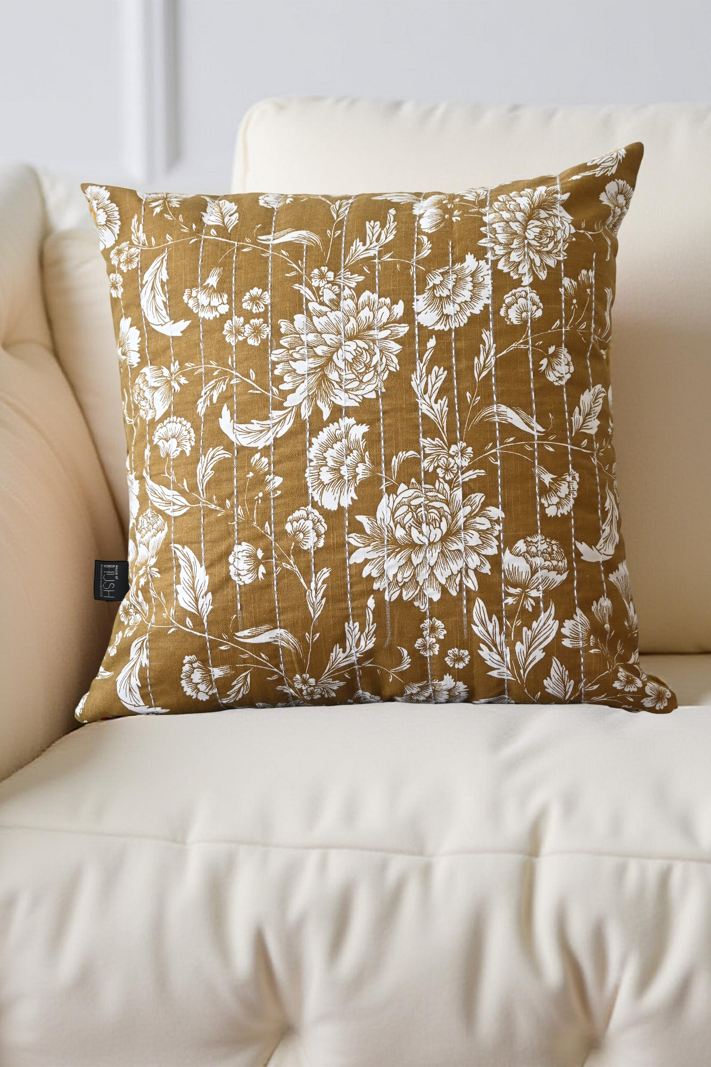 Yellow-Brown Floral Cushion Cover – Hand Kantha Embroidery, 20x20 inch