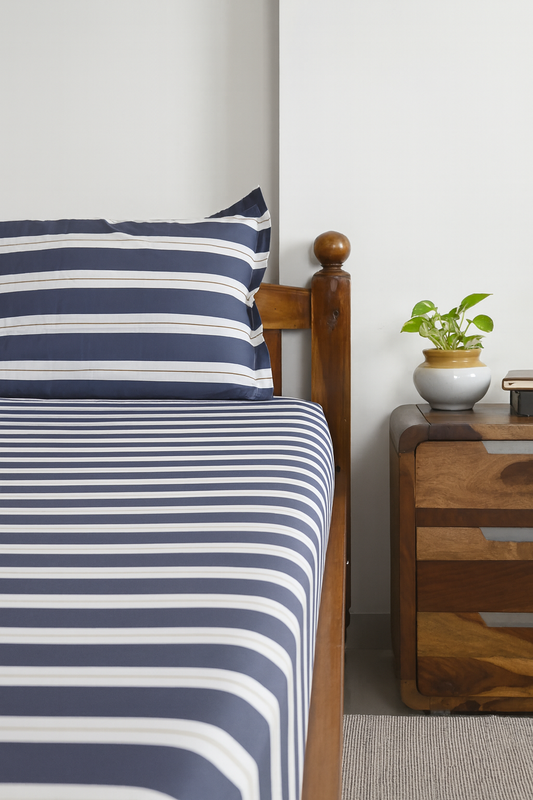 Navy & White Striped Cotton Fitted Bedsheet Set – Single Size with Pillow Cover – 144 TC
