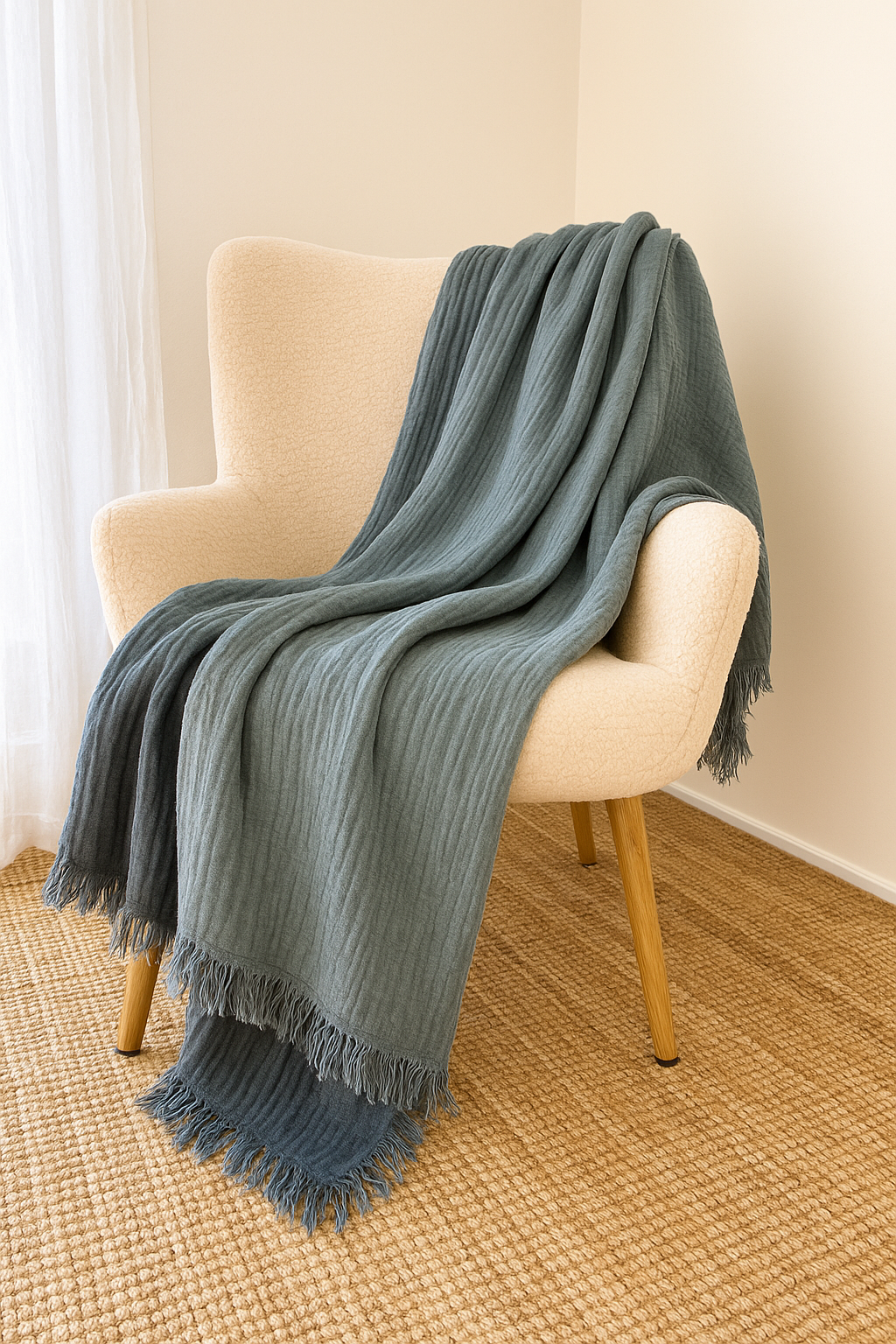 Airy Woven Throw – Blue-Grey Serenity, 150x200 cm