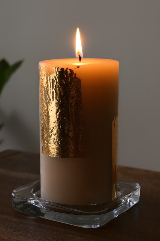 Gold Foil Pillar Candle & Glass Holder Combo