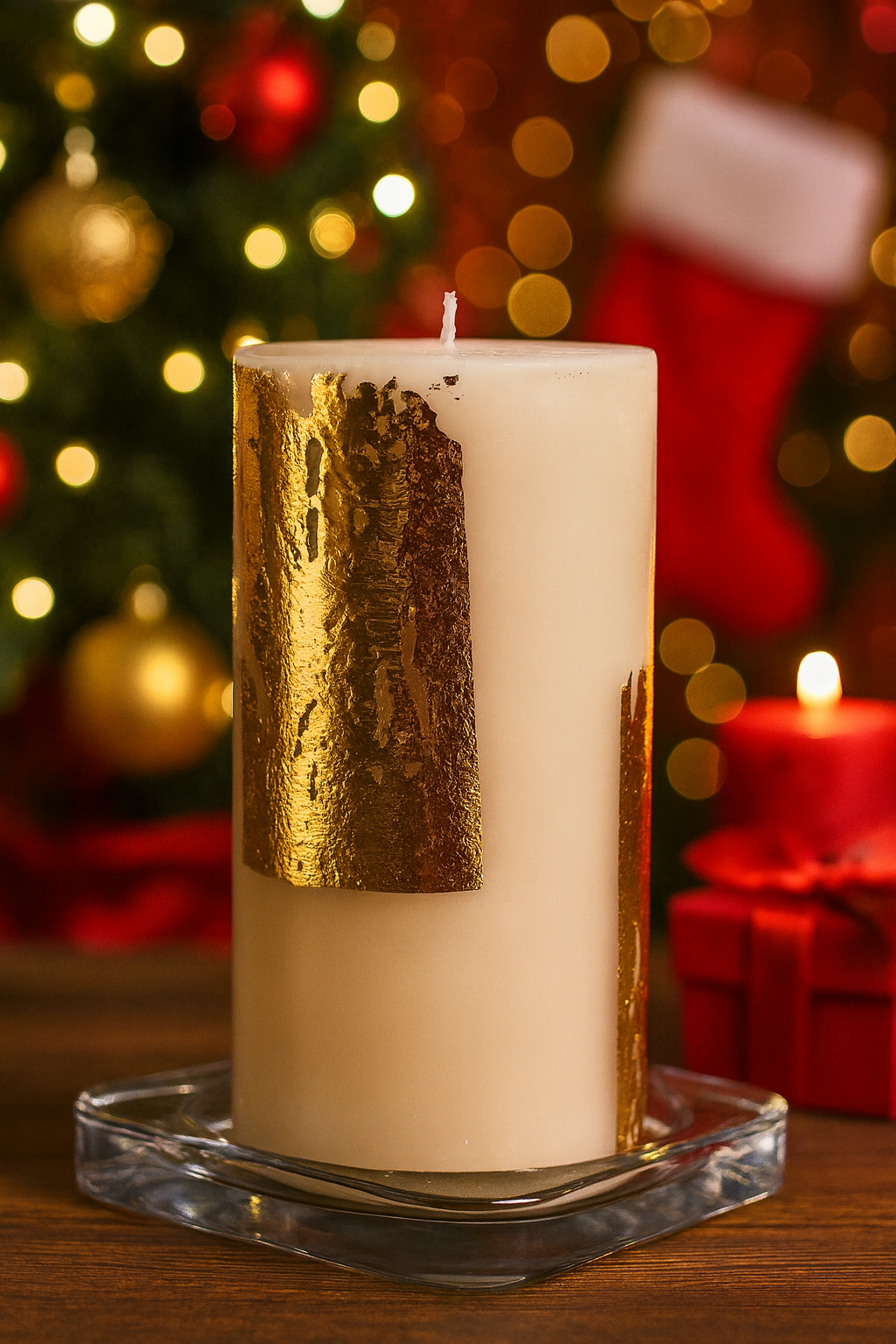 Gold Foil Pillar Candle & Glass Holder Combo