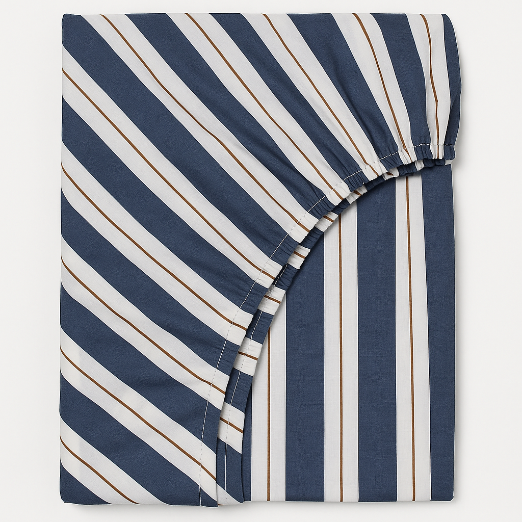 Navy & White Striped Cotton Fitted Bedsheet Set – Single Size with Pillow Cover – 144 TC